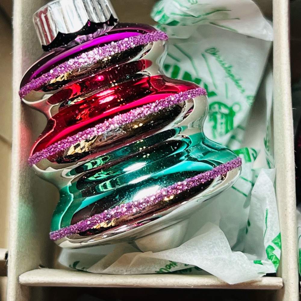 12 Radko Spools Bells Beehives Balls Glass Ornaments Pink Teal Purple Glitter - Picture 12 of 13